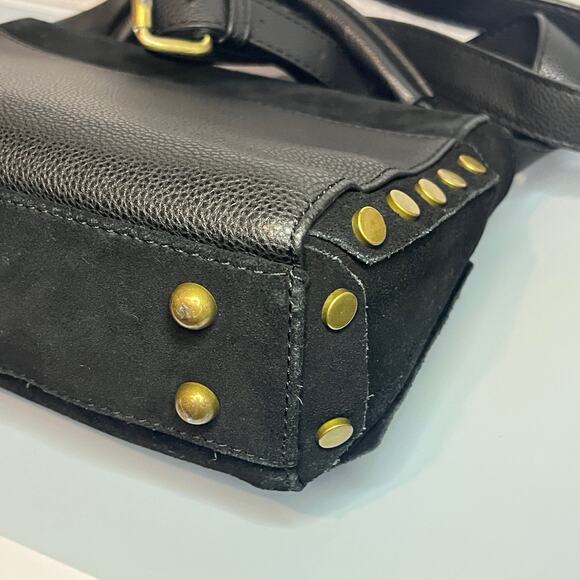 Lionel Black Suede & Leather Crossbody Bag / Top Handle Bag w/ Gold Brass Studs - Picture 9 of 14